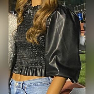 Zara Black Leather Smocked Top with Puff Sleeves